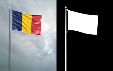 3d illustration of the state flag of the Republic of Chad moving in the wind at the flagpole in front of a cloudy sky with its alpha channel