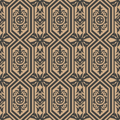 Vector damask seamless retro pattern background polygon cross frame plant leaf flower