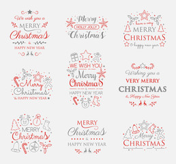 Set with Christmas decorations and greetings. Vector.