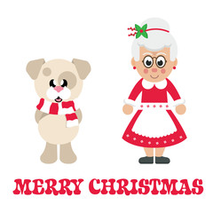 winter christmas dog with scarf and cartoon mrs santa and christmas text