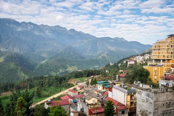 Fototapeta na wymiar Aerial view of Sapa, Vietnam. Sapa is one of the must-visit locations in the north of Vietnam with its cool weather and the beutiful scenes