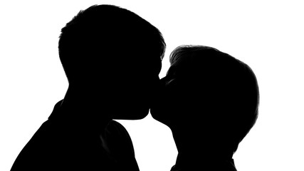 Shadows of young lady and man kissing on romantic date, love passion, tenderness