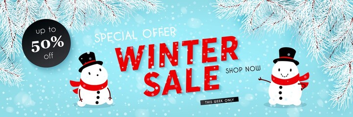 Winter sale, seasonal horizontal banner with snowman, snowfall, snow, vector