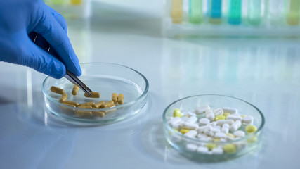 Lab technician taking pill from petri dish with lancet, pharmaceutical industry