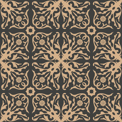 Vector damask seamless retro pattern background spiral curve cross plant leaf flower