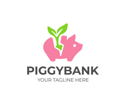 Pink piggy bank with green tree logo design. Green savings vector design. Investment logotype