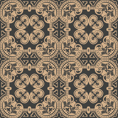 Vector damask seamless retro pattern background round curve cross frame leaf flower