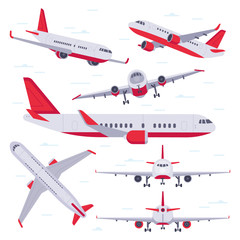 Flat airplane. Aircraft flight travel, aviation wings and landing airplanes isolated vector illustration © Tartila
