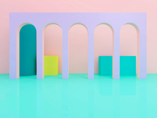 Scene with geometrical forms, arch in pastel blue colors, minimal pink  background with a yellow blue and turquoise boxes, 3D render