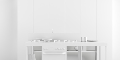 White Kitchen Interior Monochrome Background 3d Rendering 3d Illustration