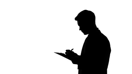 Man silhouette writing answers into questionnaire sheet, statistical surveys