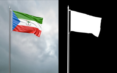 3d illustration of the state flag of the Republic of Equatorial Guinea moving in the wind at the flagpole in front of a cloudy sky with its alpha channel
