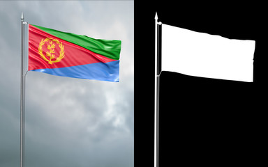 3d illustration of the state flag of the State of Eritrea moving in the wind at the flagpole in front of a cloudy sky with its alpha channel