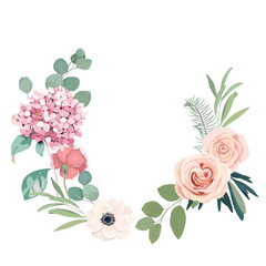 Frame border background. Floral wedding card with hortensia, rose, anemone and eucalyptus branch. Vector illustration
