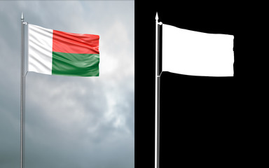 3d illustration of the state flag of the Republic of Madagascar moving in the wind at the flagpole in front of a cloudy sky with its alpha channel