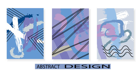 Set of artistic creative universal cards. Hand drawn texture. Design for poster, postcards, invitations, brochures, leaflets. Bright geometric pattern with doodles elements painted with brush. Vector.