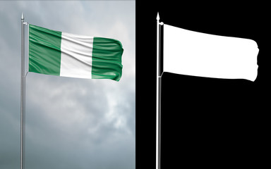 3d illustration of the state flag of the Federal Republic of Nigeria moving in the wind at the flagpole in front of a cloudy sky with its alpha channel