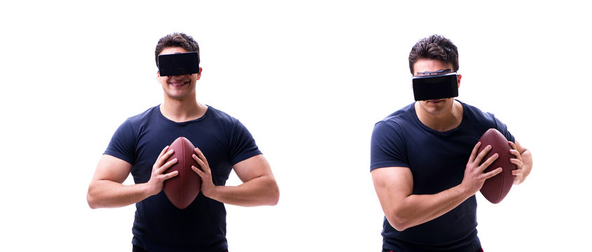 Male american footbal player wearing virtual reality VR glasses  - Powered by Adobe