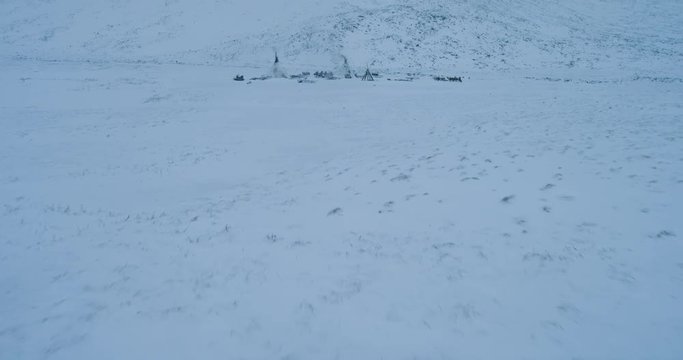 Yamal yurts capturing of drone from the top in the evening. 4k