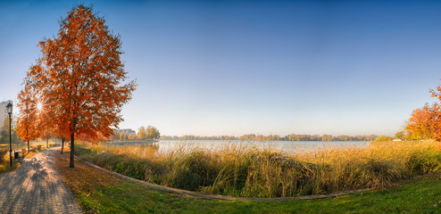 Elk promenade in autumn. Masuria, Poland.