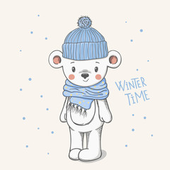 Cute polar bear with knitted cap, scarf. Winter time
