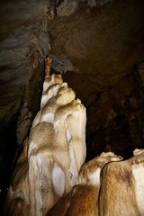 Marble Cave, Chatyr-Dag mountain, Crimea. Ancient stalactites, stalagmites, stalagnates. 