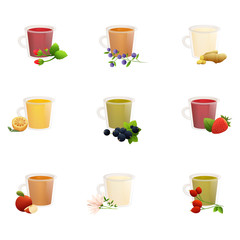Natural fruit, herbal, black, green, Chinese tea with berries in cute cups of different shapes.