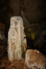 Marble Cave, Chatyr-Dag mountain, Crimea. Ancient stalactites, stalagmites, stalagnates. 