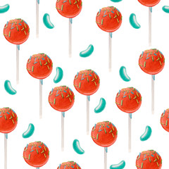 Watercolor pattern with orange lollipops with sprinkles and turquoise candies on a white background. Illustration of food in cartoon style for textile, packaging design, printing
