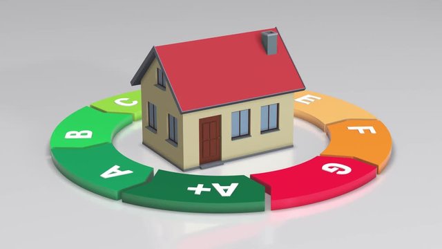 circular chart about energy efficiency that rotate on itself, at the centre a small house, seamless loop (3d render)