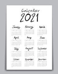 Calendar 2021 template, Lettering calendar, hand drawn Lettering calendar vector illustration, Set of 12 Months, Week starts Sunday, Stationery, flyer, poster design,advertisement
