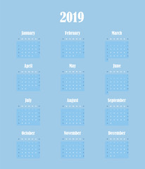 2019 New year vector calendar in minimal simple style on tender blue background. Week starts in Sunday, twelve month calendar in one. Work and holiday events planner, block-almanac mockup or template