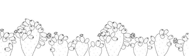 Opuntia Cactus Plant Line Seamless Border on White