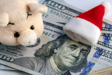 Meet the New Year without financial debts. The Santa's hat lies on Franklin's head on hundred...