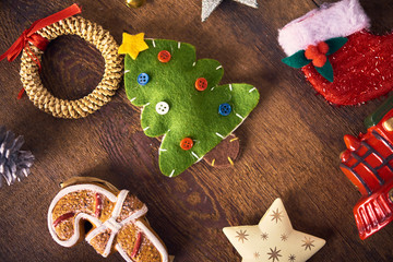 Christmas background. Set with a lot of different colorful baubles and  toys