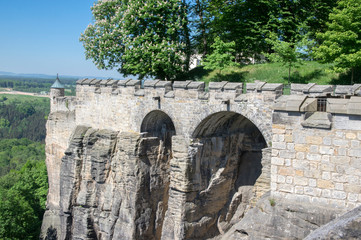 Konigstein Fortress, also called Saxon Bastille in hilltop historical fortress near Dresden in...