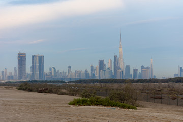 Dubai skyline in the early morning from Ras al Khor Wildlife Sanctuary.