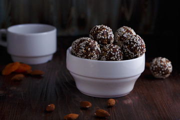 healthy energy balls with nuts, dates, honey and sesame
