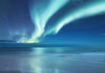 Fotobehang Aurora borealis op de Lofoten-eilanden, Noorwegen. Groen noorderlicht boven de oceaan. Nachtelijke hemel met poollicht. Nacht winterlandschap met aurora en reflectie op het wateroppervlak. © biletskiyevgeniy.com