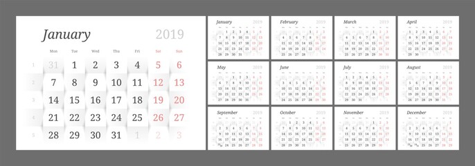 Year 2019 calendar on white abstract texture. Vector background 3d paper art style. Horizontal design template with numbers of days of weeks. Week Starts Monday.