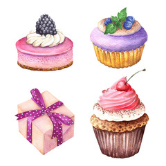set of watercolor drawings of sweets and a gift: cupcakes, chocolate, cookies and berries of cherry, blueberry
