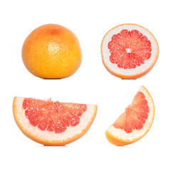 Composition collection of grapefruit in different variations isolated on white background. Whole and sliced grapefruit. Clipping Path