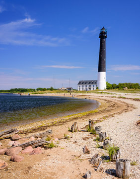 Sightseeing of Saaremaa island. Sõrve lighthouse is a popular landmark and scenic location on the Baltic sea coast, Saaremaa island, Estonia