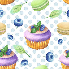 seamless pattern of watercolor drawings cupcakes sweets and blueberries