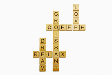 cafe , happy and late crossword blocks on the white background