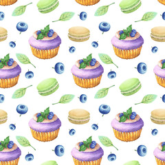 seamless pattern of watercolor drawings cupcakes sweets and blueberries