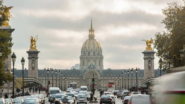 Hotel des invalides and  bridge Alexandre 3 in Paris, France. Time-lapse in 4K UHD