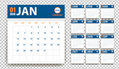 2019 calendar in paper stickers with shadow style. Blue and orange. Event planner. All size. Vector illustration