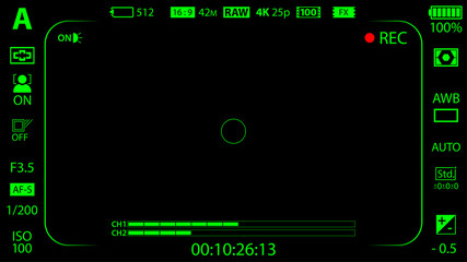 Black and green modern digital camera focusing screen with settings template. Black viewfinder mirrorless, DSLR or cameraphone camera recording. Vector illustration