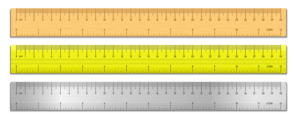 Realistic tape rulers set isolated on white. Plastic, metal and wooden double sided measurement in cm and inches. Vector illustration